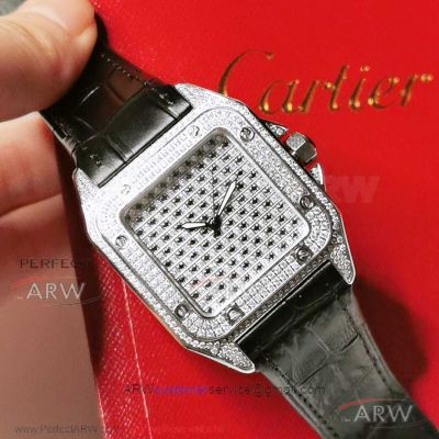 Perfect Replica Cartier Santos Stainless Steel Diamond Paved Women's 33.5mm Swiss Quartz Watch